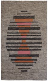 Hourglass
This wool flat weave rug is made with un-dyed natural light and dark tones, and an orange and pink hourglass shape. It can be custom ordered in any size. 

3x5 feet | $460
5x7 feet | available soon