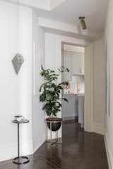 The greeneries are contained inside the monochromatic planters on various heights rhythmically giving vibrancy to the foyer to the kitchen