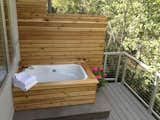 Outdoor, Back Yard, Wood Fences, Wall, Horizontal Fences, Wall, Decking Patio, Porch, Deck, Small Pools, Tubs, Shower, Large Patio, Porch, Deck, and Trees Outdoor tub with views of Aspen mountain  Photo 6 of 9 in Aspen studio by Christine a Interlante
