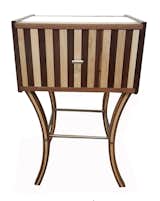 Mid-Century Modern with a splash of Art Deco.  Walnut and maple side table with a white lacquer top and stainless steel stretchers.  Handcrafted and one-of-a-kind.  Available. 19"x16"x29"