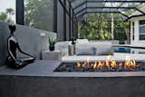 Seating area with modern gas fire feature and remodeled freeform pool and spa surrounded by glass fiber reinforced concrete (GFRC) walls with integrated custom aluminum lights. Screen enclosure with mansard roof. Furniture and fire feature by Restoration Hardware.
Photo by Vania Hardtle