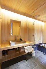 Bath Room, Stone Counter, Tile Counter, Wall Lighting, Wood Counter, Ceramic Tile Floor, and Open Shower bath with Japanese "HINOKI" wall  Search “hinoki” from My Kyoto Town House
