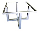 Deacon base for a round or square glass top.  Shown in 3" x 3" tubing legs and with 1" x 2" support up top.  Finish shown: Platinum Silver 
As always, offered in many different material sizes and finishes. 
