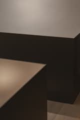 Detail of the black steel balustrade in the hallway leading to the bedrooms. 