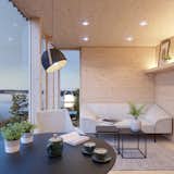 Living Room, Coffee Tables, Table Lighting, Sofa, Ceiling Lighting, Wood Burning Fireplace, and Medium Hardwood Floor Living area  Photo 1 of 5 in Wooden modular mobile homes  from OIKOS housing by Monika Janković