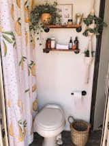 Adding life but not clutter, Jacqueline has adorned the RV with lots of greenery; a papaya-print shower curtain echoes the tiny home’s plant life. A woven trash can and wood shelving give the room a chic, organic touch.&nbsp;