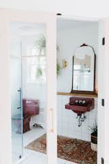 Bath Room, Wall Mount Sink, Wall Lighting, and Enclosed Shower Bathroom with french doors & original fixtures   Photo 10 of 16 in 1940's mid-century home gets a swift kick in the pants. by The Chris & Claude Co