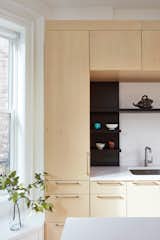 Ash veneer covers the custom-made cabinets, which are juxtaposed with open shelves made from black metal.  Photo 4 of 119 in Cabinets by Patrick Smith from Before & After: A Brooklyn Couple’s Dim, Sequestered Kitchen Becomes a Luminous Gathering Space