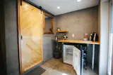 We chose the pattern on the barn door because we wanted to guide the eye to the main living space when entering the loft.