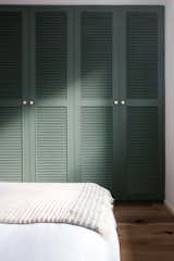 A muted green closet design adds a pop of color and sophistication to the guest bedroom