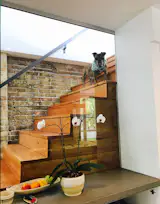 Initial version of back of staircase (to be replaced) with Franc Funk observing