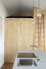 A sturdy ladder rests gently on the wooden storage wall next to the kitchen, offering access to a small sleeping alcove with a bed for two people.