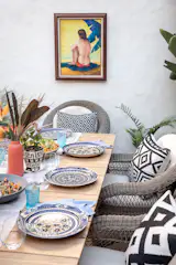 Don't be afraid to mix all patterns, colors, and prints! Unique one off pieces really give a table character.