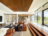 Sunken Living Room, oak steps and ceiling slats, views out to yard