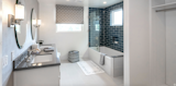Refurbishment full space planning interior architecture Master bath en suite includes a custom master closet wallpaper and bespoke vanity beautiful polish nickel fixtures.