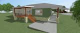 Northwest perspective shows covered walkway following terrain down to patio and porch off of the living room.  Wide covered walkways on south and west elevations shade the house from the hot Texas sun.  Detached shop and carport are visible in background.