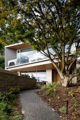 In the landscaped front garden, a cobblestone walkway wraps around a Japanese tree preserved on the site during construction. The tree adds beauty, shading, and privacy.