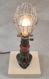 Edison bulb lamp incorporating reclaimed metal parts picked from an estate sale and Pacific Maple.