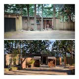 Before and after. The top pic is how things looked when we bought it and then I designed the new entrance with fences and modern wood sheds.