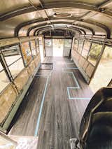 Buster the Bus vinyl floor and floor plan mapped out with painter's tape