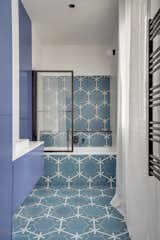 Bathroom (former kitchen) with Popham cement tiles from maroco and custom made "outremer" blue cabinets