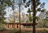 The home is carefully sited between tall trees in a pine forest and is split into almost equal areas of indoor and outdoor living space.
