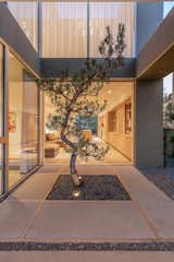 Although the two-story atrium is smaller than the courtyard, it is no less important to the design. The glazed pocket doors are opened daily, connecting the family room to the rear yard, and framing the sculptural form of the 30-year-old Japanese black pine garden bonsai.