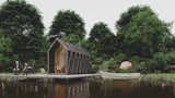 A rendering shows Kabinka set up as a lakeside cabin with a different timber finish and a glazed facade.