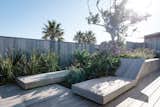 Sun loungers are integrated into the roof terrace, which features timber decking and lush landscaping.