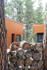 The logs stacked between trees give the cabin a wood supply for the wood burning stove which can heat the whole place in winter and cuts down on electricity. "The guys are out chopping and splitting wood every visit," says Diane.