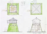 Elevations and plans showing the initial concept for the Go-an Tea House by architect Terunobu Fujimori.