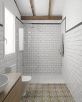 Bath, Full, Wood, Vessel, Subway Tile, and Two Piece  Bath Vessel Wood Full Photos from An Old Brick House in Spain Becomes a Light-Filled Family Home