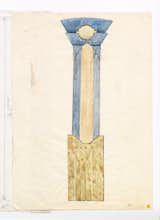 This is an original design for Charles Jencks's London columns, which can be found throughout the home. In the Spring Room, they feature shell-like sconces—the shell being the symbol of spring—and miniature skyscrapers at the base. The illuminated scallops are intended to evoke the sun appearing from behind clouds in the London sky.