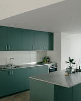 The kitchen cabinetry is a bright forest green. "We decided to use color which would be harmonious with the rest of the house, but also complement the extensive greenery in the interior and the exterior,