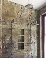 In the his & her bath of your dreams, you'll have a matching pair of feature-rich WaterBridge exposed #showers from Sonoma Forge, an extra WherEver rainhead with separate controls because why not? –granite walls and step-in from the backyard... just like this one! #luxury #decor