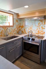 Kitchen with induction range and glass backsplash.  Integrated dishwasher to left of sink.