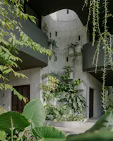"The architecture celebrates natural textures. The stair core and columns retain their board-marked concrete finish, inviting vines to climb and echo the tactile qualities of the forest," says architect Tay Yew. 