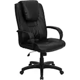 This black leather executive office chair is truly unique with an oversized headrest that can be customized! This chair is the premier choice for anyone seeking an attractive and comfortable chair at an affordable price. Having the support of an ergonomic office chair may help promote good posture and reduce future back problems or pain. High back office chairs have backs extending to the upper back for greater support. The high back design relieves tension in the lower back, preventing long term strain. The waterfall front seat edge removes pressure from the lower legs and improves circulation. Chair easily swivels 360 degrees to get the maximum use of your workspace without strain. The pneumatic adjustment lever will allow you to easily adjust the seat to your desired height.

