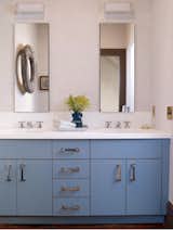Bath, Quartzite, Freestanding, Medium Hardwood, Drop In, Ceiling, and Recessed My boys’ bathroom is one of my faves, as I love the color of the blue cabinets. And no, it rarely looks this pristine.  Bath Recessed Drop In Freestanding Photos from My House: Cookbook Author Jessie Sheehan’s Convivial Brooklyn Townhouse