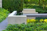 Reflective water features framed by rich foliage in the front garden.