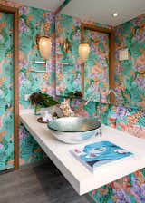 Bath Room, Engineered Quartz Counter, Dark Hardwood Floor, Pendant Lighting, Ceiling Lighting, and Vessel Sink  Photo 6 of 10 in Virrey Apartment by Nicolas Mujica