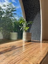 Hawaiian locally sourced mango wood for this window bar desk. Dark blue penny tiles line the circumference of the circle window bump-out.   Photo 1 of 16 in The 1st Office ATU- Built By: paradisetinyhomes.com by elliekdesign.com