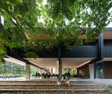Steel beams, painted black, support the timber slab floor and roof. "Leaving flat planes of dowel laminated timber and C-shaped steel supports exposed is an honest way of expressing the architectural structure," Hunter says. 