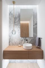 The stone was the driving force behind the powder room design. The grey glass of the custom Lindsey Adelman light connects to the veining and elevates the whole look.
