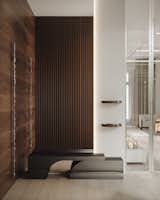 Functional Entrance Design. Big wardrobe for outerwear and suitcases is integrated as if a decorative wall.