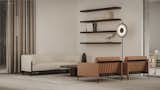 Furniture in the minimalistic modern hall helps companies to communicate comfortably with each other.