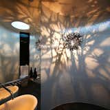 A contrasting flocked pendant light fitting casts a dramatic shadow over curved pearlescent walls.