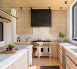 Kitchen, Quartzite Counter, Undermount Sink, Range Hood, Track Lighting, Wood Cabinet, Medium Hardwood Floor, Light Hardwood Floor, and Range  Photos from Elemental House