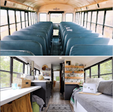 After selling their home in Nixa, Missouri, Chris and Tina Wann decided to hit the road with their two sons, Elijah and Rylee, and blind pup, Dub the Skoolie Dog, in tow. The family maximized space within their 234-square-foot skoolie by creating smart storage options including overhead bins, shelves, reclaimed lockers, and even a cool display to show off plant clippings.&nbsp;