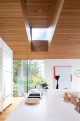 Roof lanterns illuminate the kitchen and dining area during the day. They are a low-maintenance alternative to skylights since they don't allow the forest's debris to accumulate and potentially block the natural light overhead.